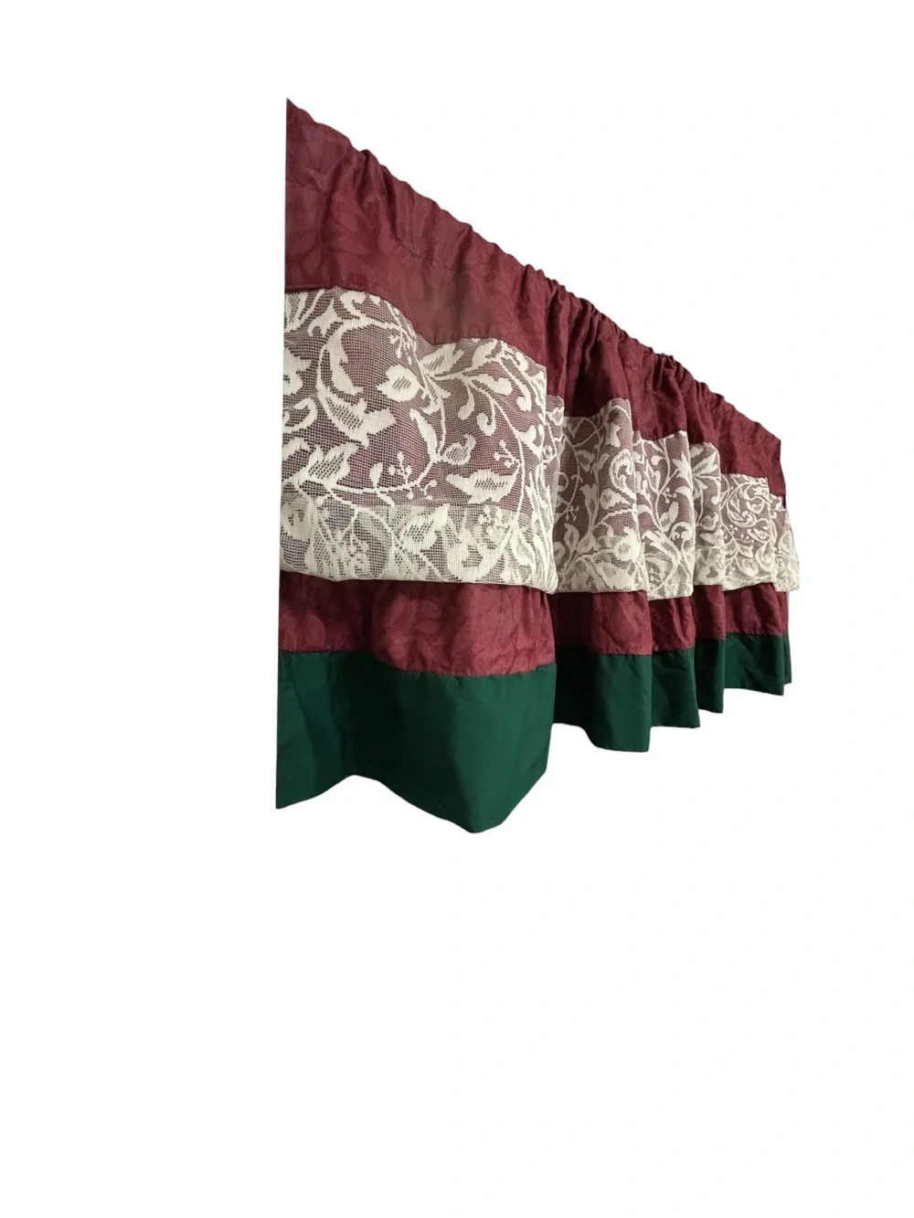 Vint Country Home Valance Ruffle Curtain Multi Tier Burgundy Lace Hunter Green